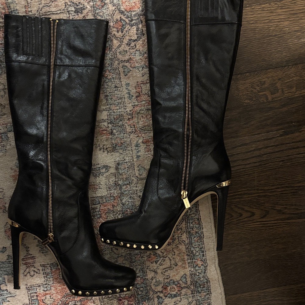 Michael Kors Ailee Black Leather Knee-High Boots with studs